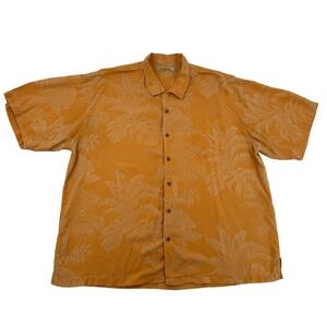 Tommy Bahama 100% Silk Shirt Beach Golf Floral Yellow Wood Buttons Comfy Men XXL